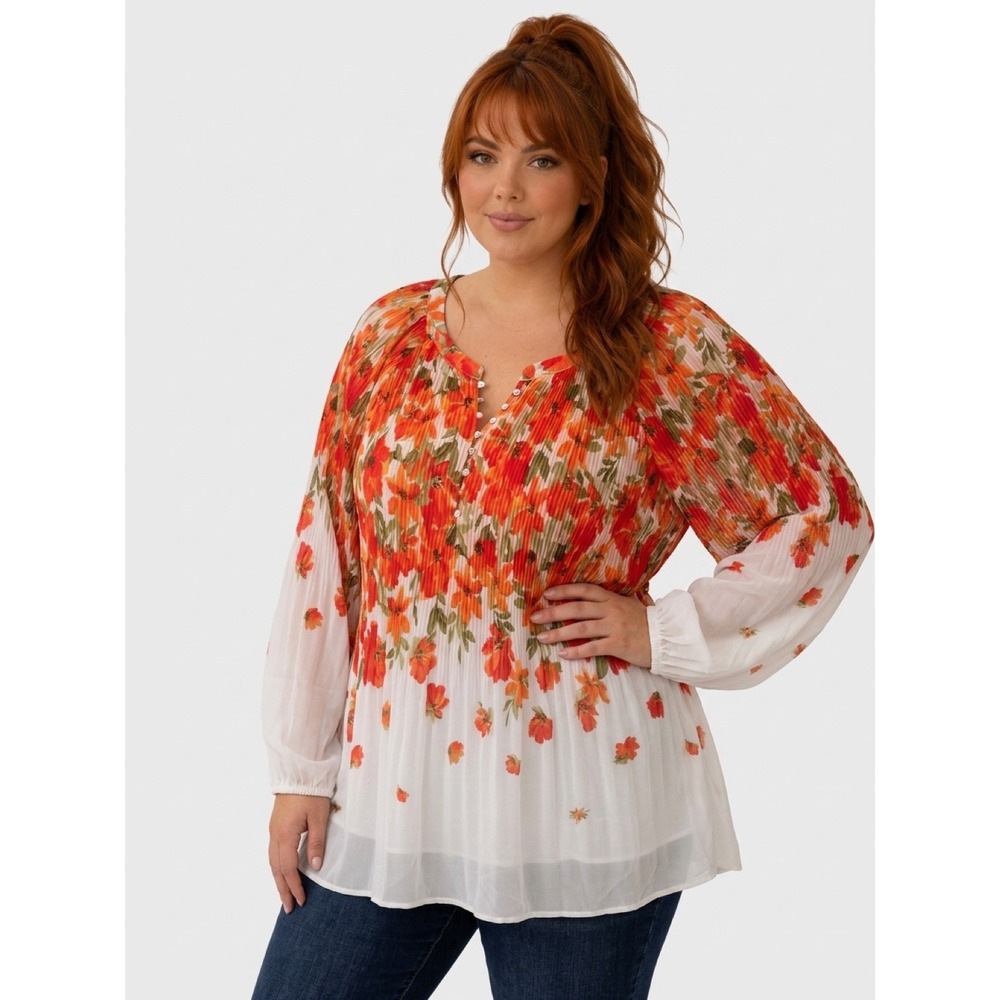 Fig & Flower Orange Red Floral Pleated Tunic Blouse Long Sleeve size 3X